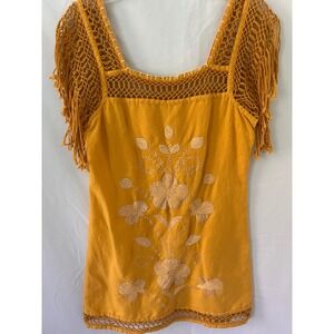 Free People Mustard Yellow Crochet Fringe Embroidered Mini Dress Boho Sleeveless
